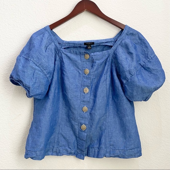 ANN TAYLOR Chambray Puff Sleeve Square Neck Blouse - Picture 6 of 12